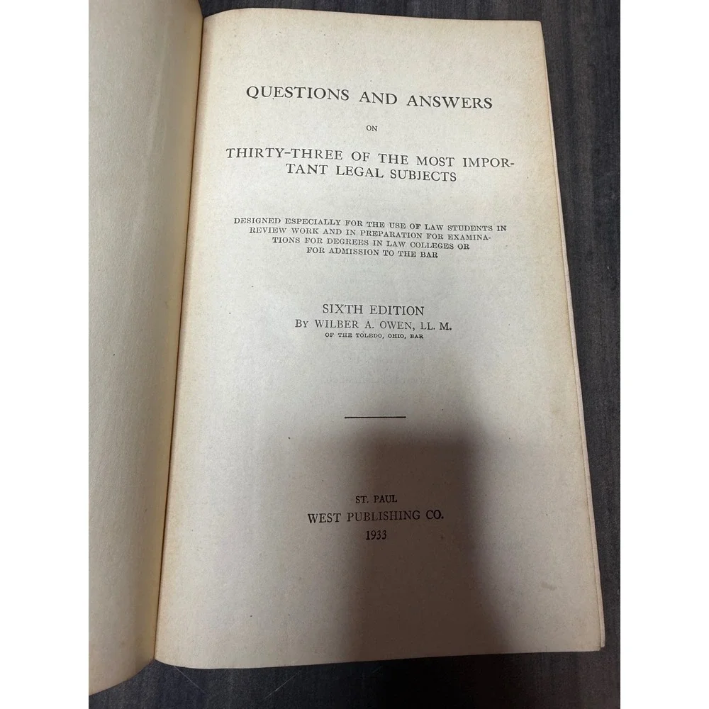 Owens Law Quizzer 1933‎ Sixth Edition West Publishing Co Legal Study Aid